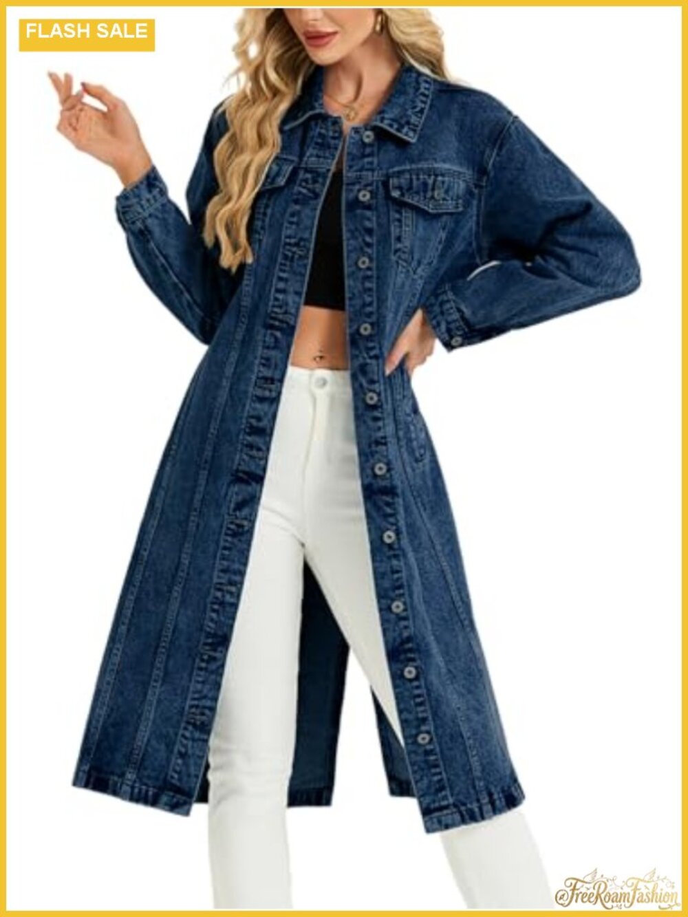 Women Denim Jacket Midi Long Jean Trench Coat with Pockets
